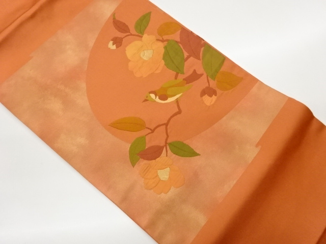 引箔椿に鶯模様織出し名古屋帯